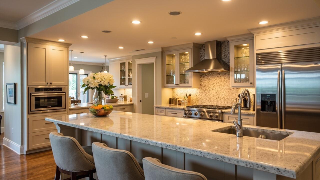 Bright, modern design with stainless steel appliances and a spacious island